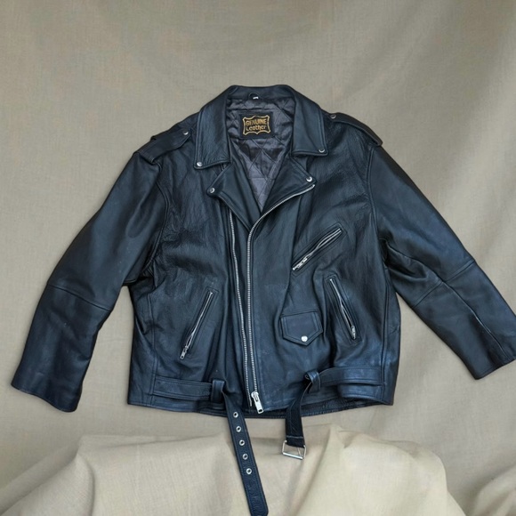 True Vintage men's oversized Black leather biker moto motorcycle jacket punk y2k